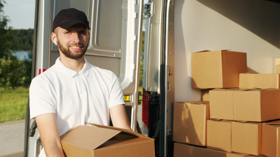 A man wearing a white polo shirt and a black cap stands inside the open rear of a white delivery van, which is loaded with numerous stacked cardboard boxes, some of which are of small size and others larger, secured with packing materials. The man is holding a cardboard box in front of him, with some paperwork resting on top of it. The van's interior appears to be dedicated to furniture transport and packing, with the boxes neatly arranged on a flat surface. Outside, a suburban residential area with houses, greenery, and a pavement is visible, indicating the loading process in a home relocation or house moving scenario. The lighting is natural, suggesting daytime, and the environment shows signs of an organized move, possibly facilitated by Man with Van Gunnersbury, a professional removals service specializing in house removals and furniture transport.