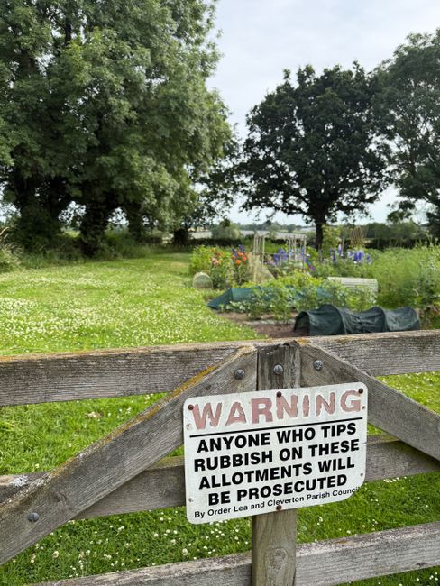 A close-up of a wooden gate with a warning sign attached, situated in a green outdoor setting. The sign has a red and white header with the word 'WARNING' in bold, capital letters, followed by black text that states, 'ANYONE WHO TIPS RUBBISH ON THESE ALLOTMENTS WILL BE PROSECUTED,' and is signed by Order Lea and Clevendon Parish Council. Behind the gate, there is a well-maintained garden with raised vegetable beds, some covered with black fabric protectors, and a green plastic watering can. In the background, lush trees, a grassy lawn with small white flowers, and a partly cloudy sky are visible, indicating a peaceful, rural environment that may be related to community gardening or allotments, often requiring moving and transportation services for equipment and supplies.